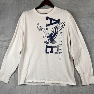 American Eagle Mens XL Long Sleeve Shirt Eagle Graphic White Blue Athletic Stain